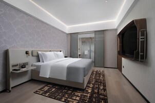 A modern hotel bedroom with a large bed, bedside tables, a TV, and a walk-in closet.