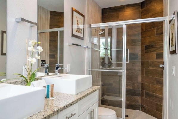 Shower, hair dryer, shampoo