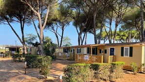 A row of mobile homes with a dirt path in between, surrounded by trees and shrubs. - Costa D'Argento by Interhome (Capalbio)