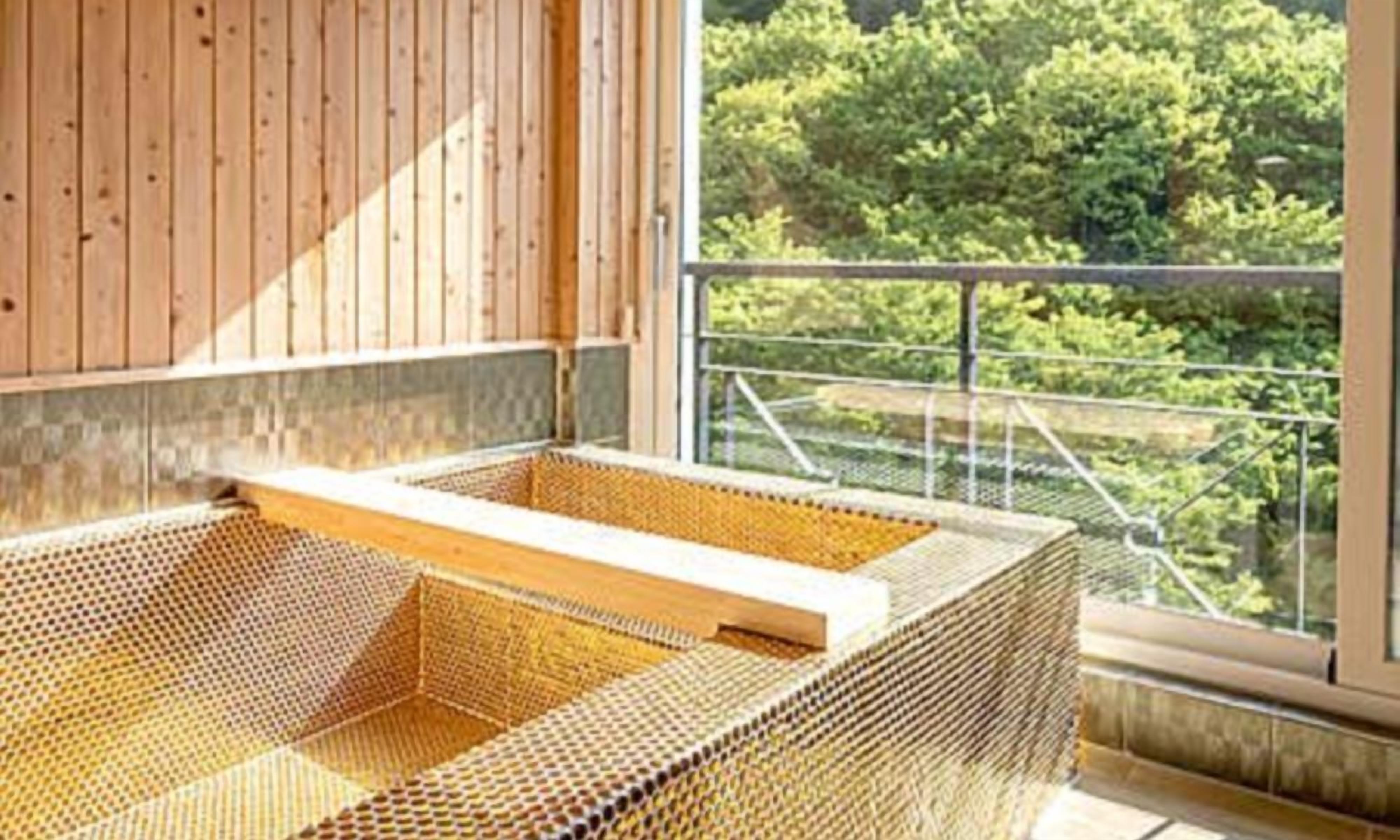 Una habitación con piso de madera, un ventanal con vistas a la vegetación y un tapete tejido en el suelo.