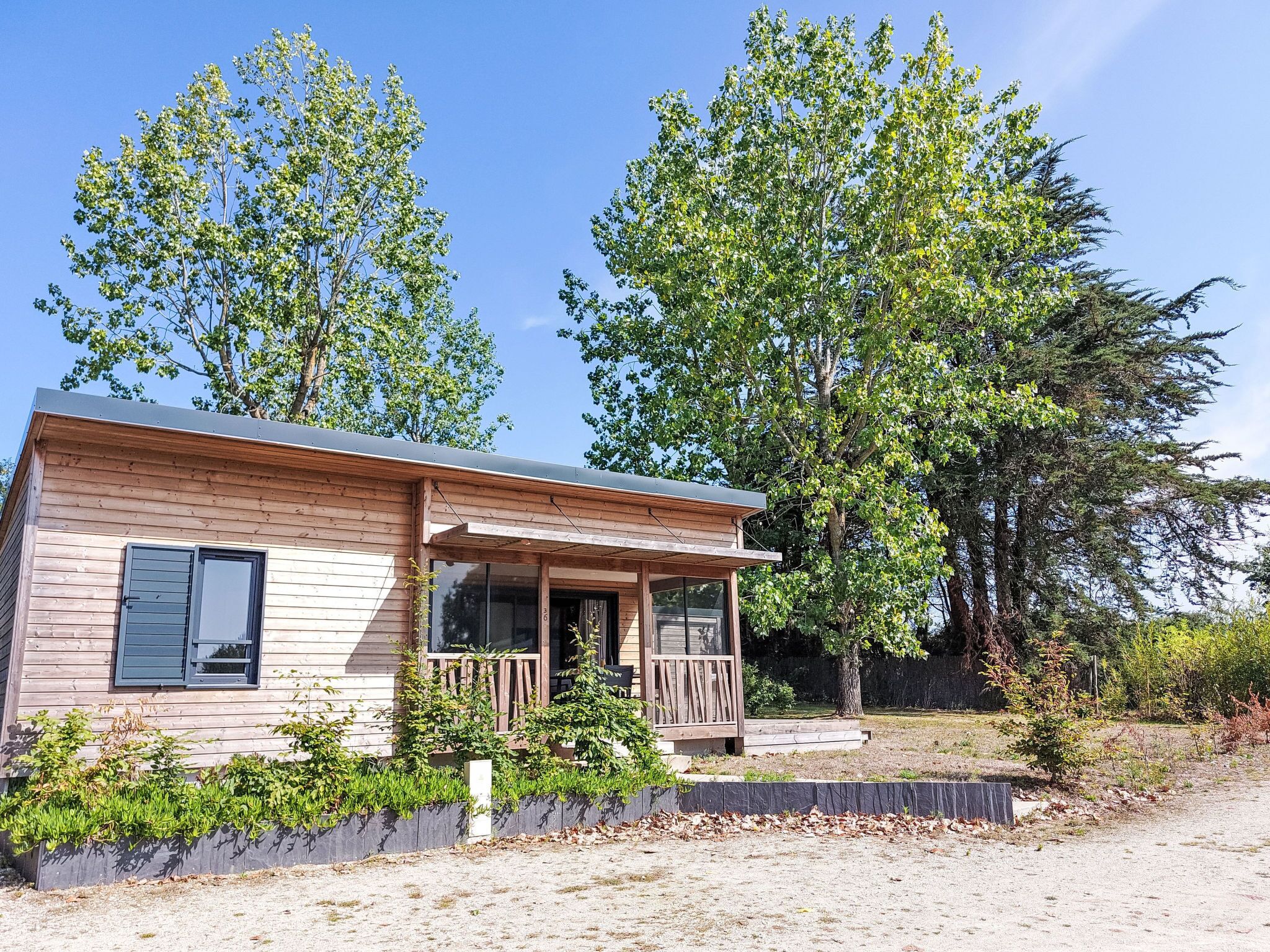 A small wooden cabin with a porch, surrounded by trees and a gravel driveway.