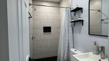 Un baño con inodoro, lavabo y zona de ducha.