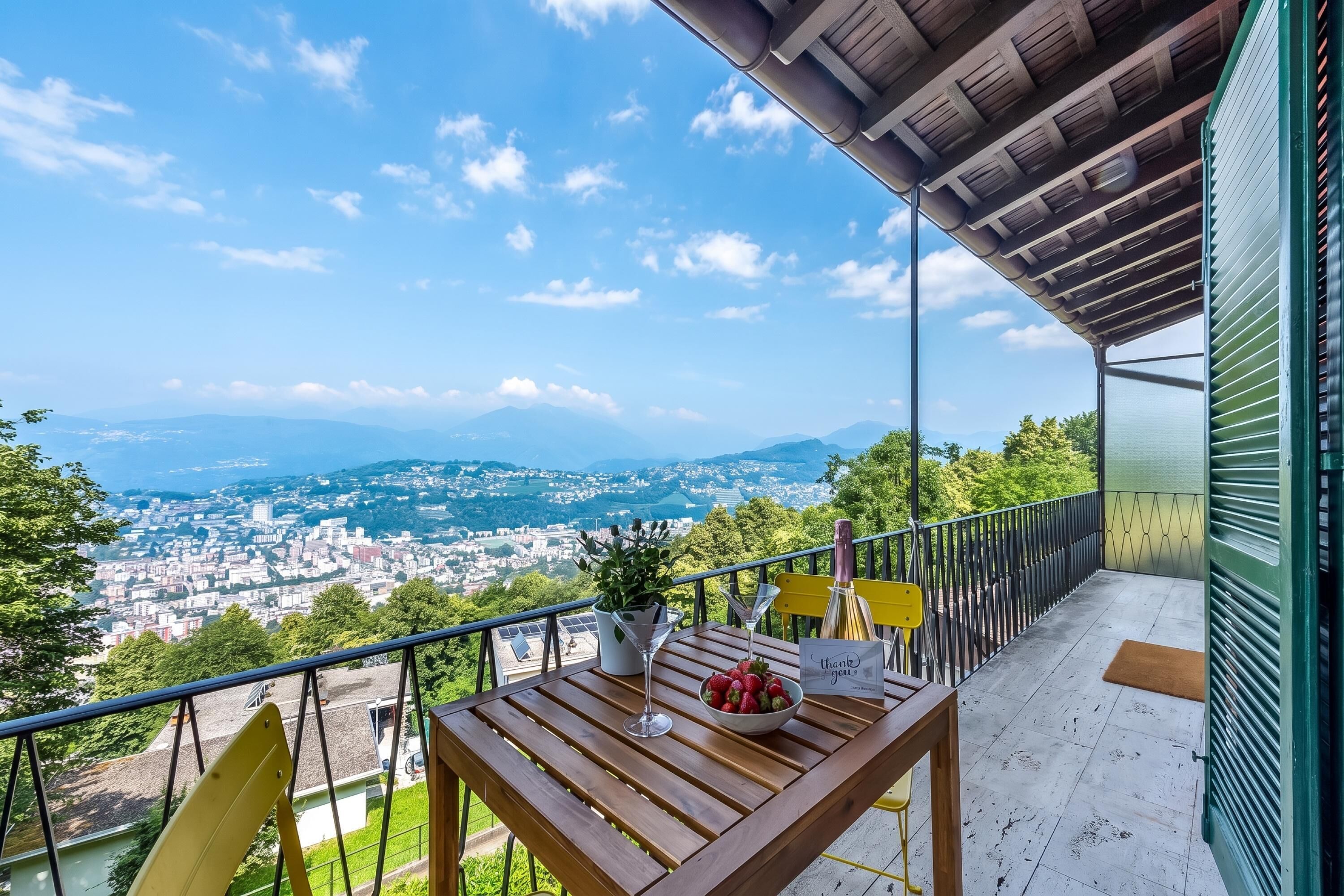 Een balkon met een houten tafel, een bloempot en een schaal aardbeien.