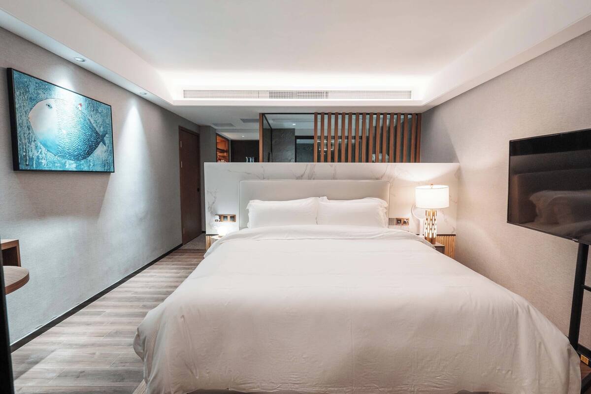 A modern hotel room with a large bed, a TV, a bedside table with a lamp, and a painting on the wall.
