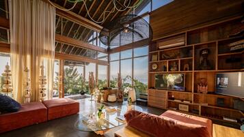 Luxury Villa, 2 Bedrooms, Patio, Ocean View | Living room | 80-inch TV with cable channels