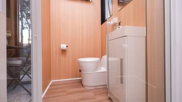 Un bagno compatto con il water, un porta asciugamani e una cabina doccia in vetro.
