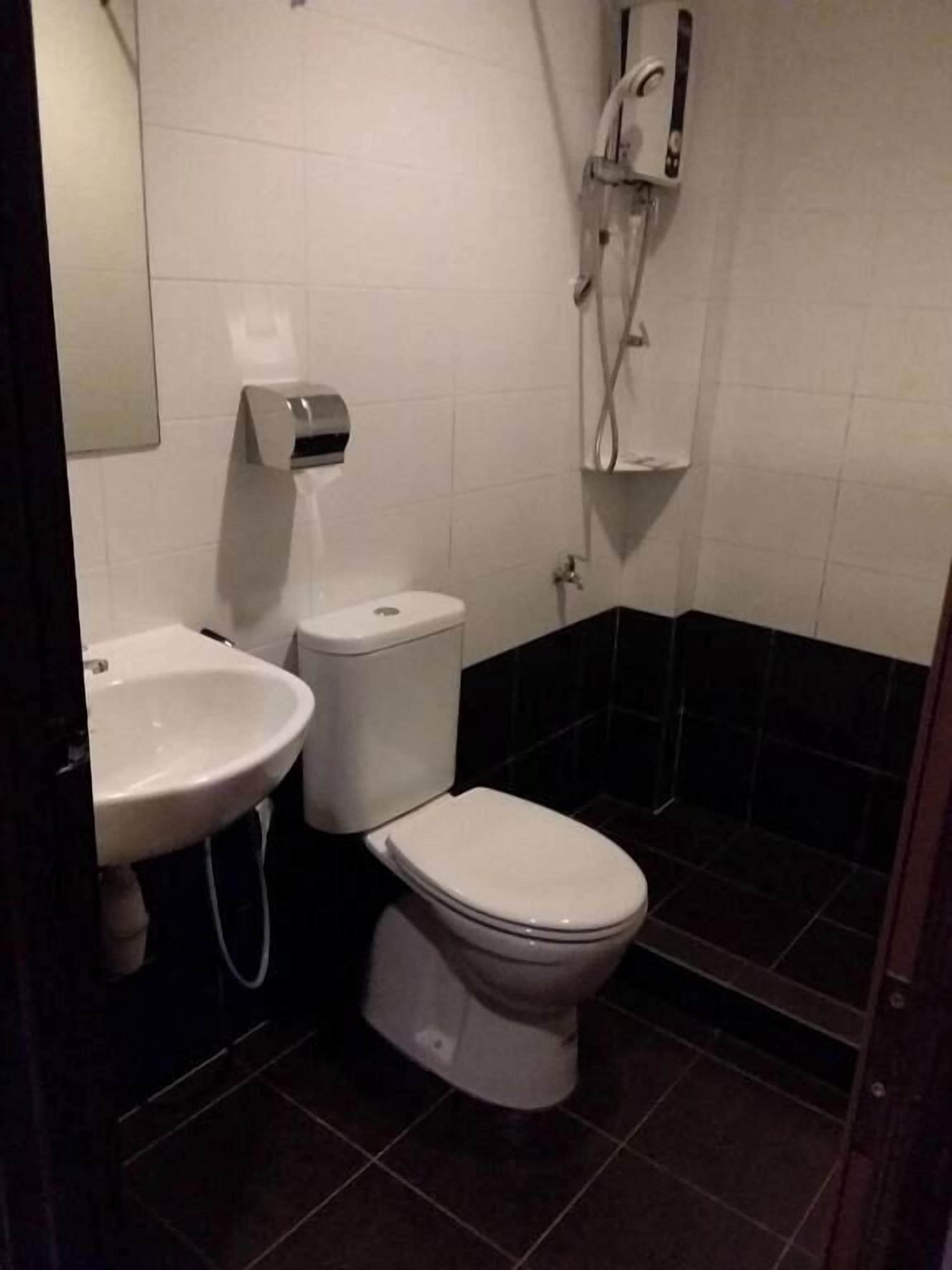 A small bathroom with a toilet, sink, and a shower.