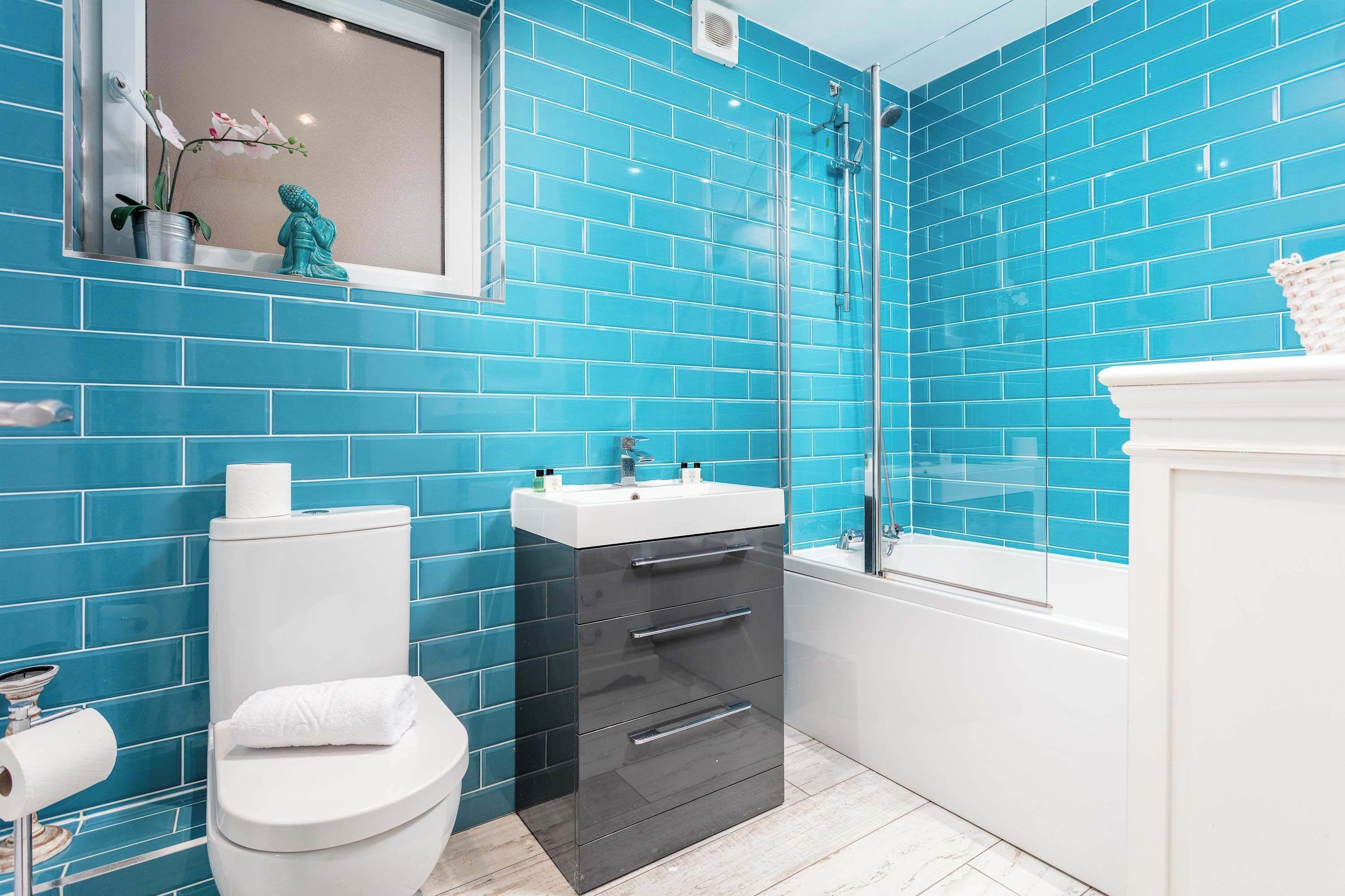 Shower, hair dryer, towels, shampoo