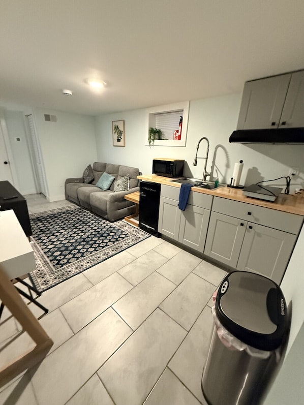 A compact living space with a kitchenette, a sofa, a dining area, and a patterned rug.