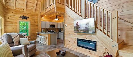 TV, lareira, escritórios