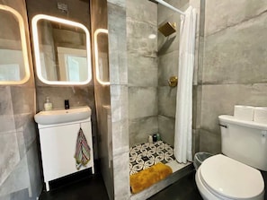 Shower, hair dryer, shampoo