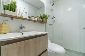 Hair dryer, towels, soap, toilet paper