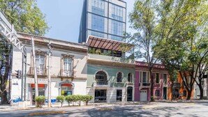 Vista callejera con un edificio moderno, edificios tradicionales y árboles.