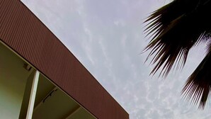 A building named Muralla Sunset with a large sign on the facade, a wooden floor, and a palm tree in the background. - w Bright 1BR w Ocean View Near C Amurallada (Cartagena)