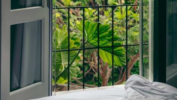 A bedroom with a bed, a window with a view of greenery, and a curtain partially drawn. - w Suite in Casa Wynwood Miraflores (Lima)