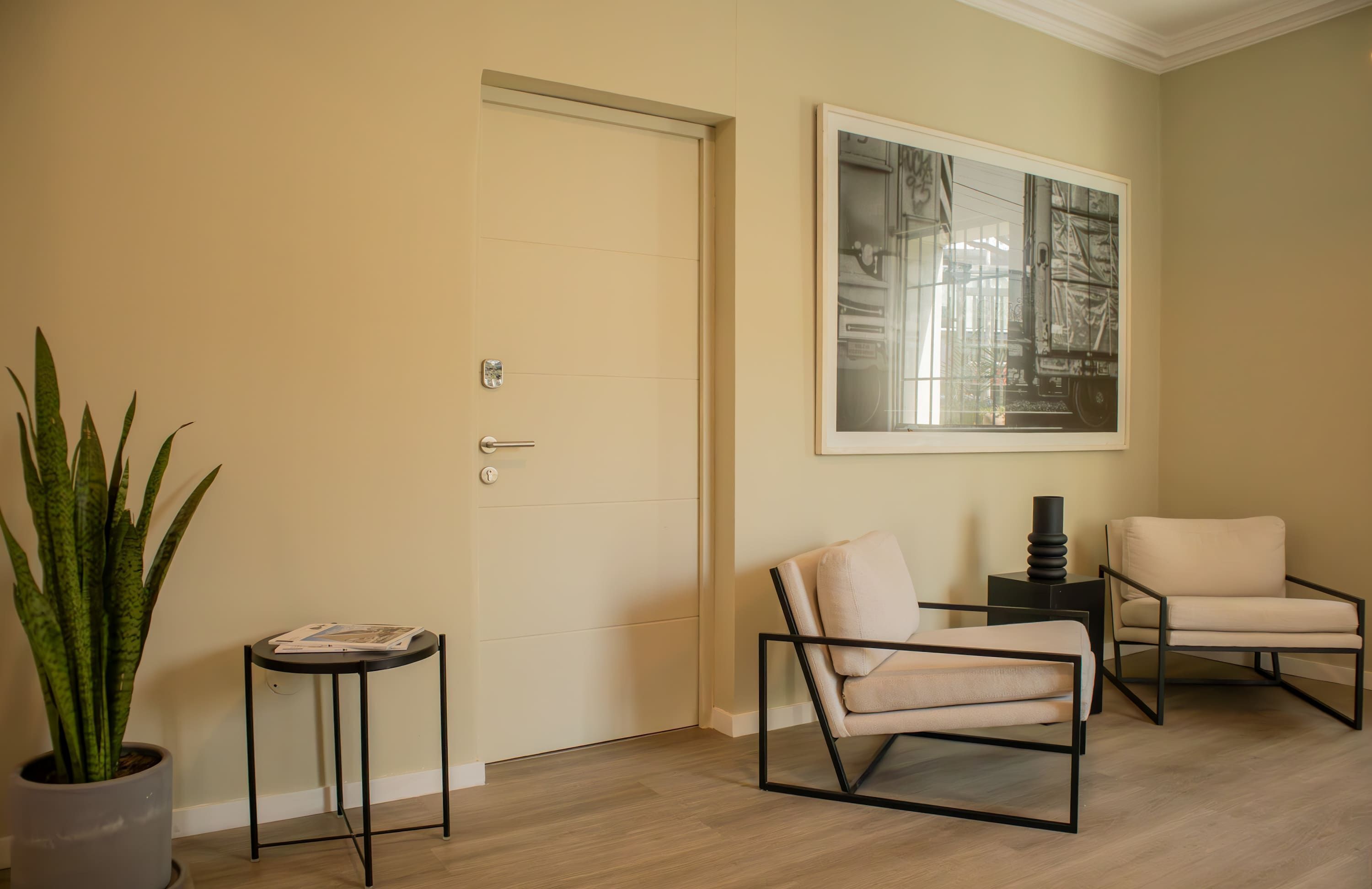 A modern living room with a door, a framed artwork, two chairs, a small table, and a potted plant.
