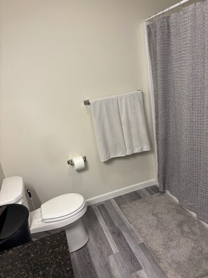 Douche, sèche-cheveux, serviettes fournies, savon