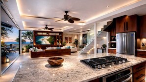 A modern kitchen with a granite countertop, stainless steel appliances, and a built-in oven.