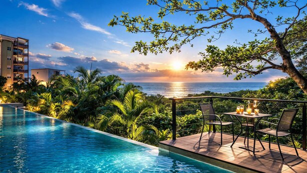 A pool with a view of the ocean at sunset, surrounded by lush greenery and a deck with chairs.
