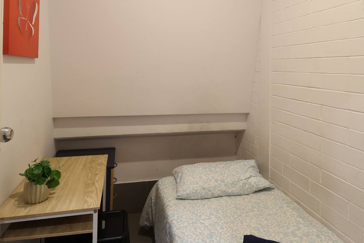 A small, clean room with a bed, a desk, and a chair. There is a plant on the desk and a pillow on the bed.