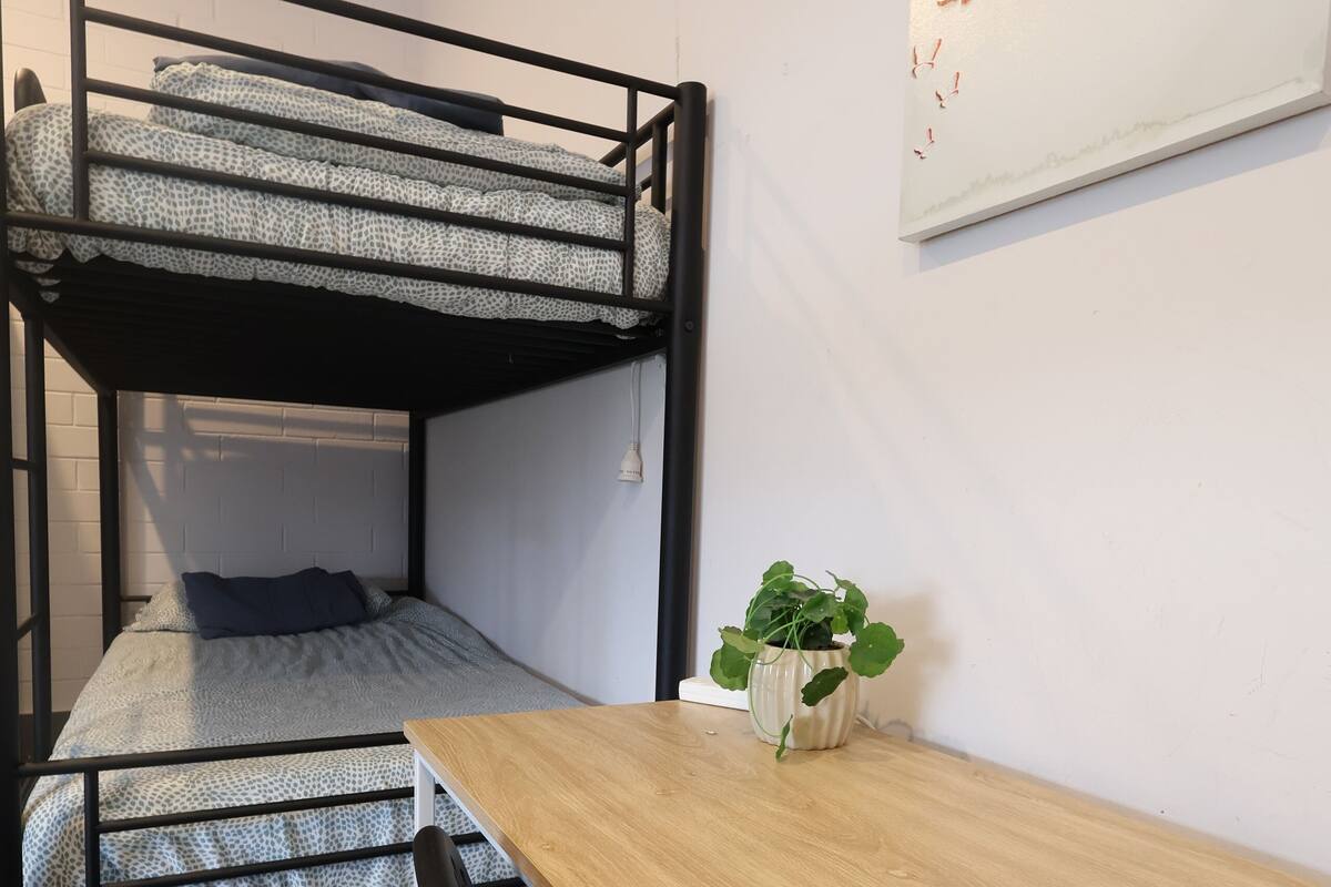 A bunk bed with a patterned bedspread, a small table with a potted plant, and a wall-mounted artwork.