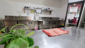 A kitchen with stainless steel countertops, a red mat, and a potted plant. - Quokka Backpackers Hostel Perth - note - Valid passport required to check in (WA)