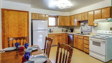 Fridge, stovetop, dishwasher, coffee/tea maker