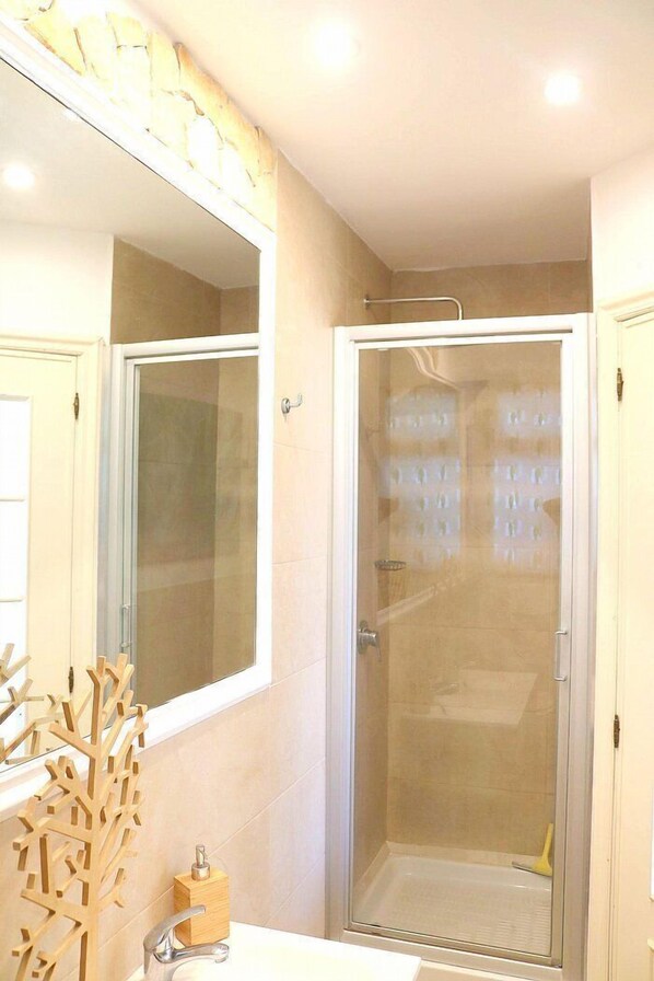 Een badkamer met een douche met glazen wand, een wastafel en een spiegel.