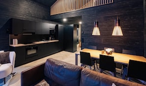 Full-size fridge, microwave, espresso maker, electric kettle