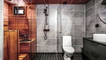 Shower, hair dryer, bidet, towels