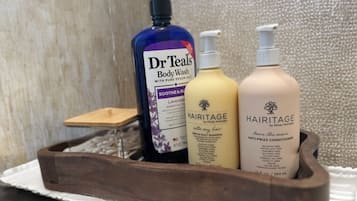 Hair dryer, towels, soap, toilet paper