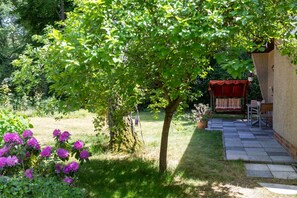 Un jardín con un árbol, un columpio y una zona de patio.