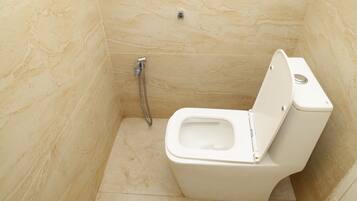 Shower, rainfall showerhead, towels, soap