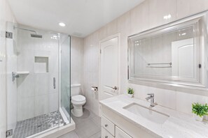 Un bagno moderno con doccia a vetro, un water, un lavandino con uno specchio grande e una piccola pianta sul ripiano.
