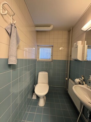 Hair dryer, towels, soap, toilet paper
