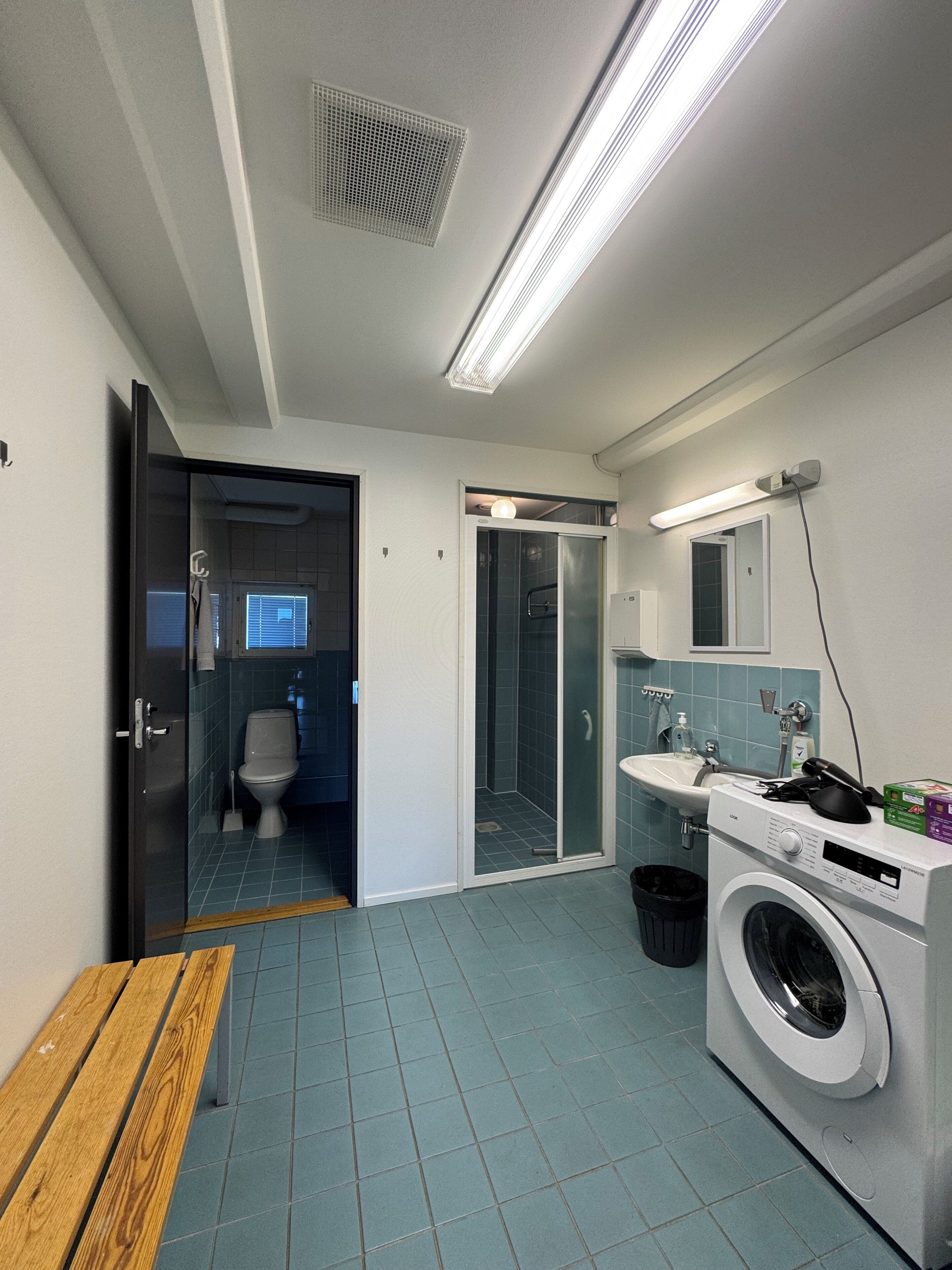 Hiustenkuivaaja, pyyhkeet, saippua, vessapaperi