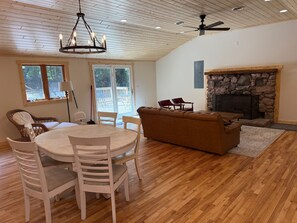 Smart TV, fireplace, DVD player, books