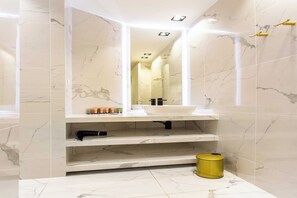 Shower, hair dryer, towels
