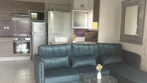 A modern living room with a dark blue sofa, a glass coffee table, and a patterned rug. - T2 apartment with terrace, not overlooked, 3' from la Ramée leisure park (Tournefeuille)
