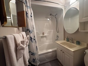 Hair dryer, towels, soap, shampoo