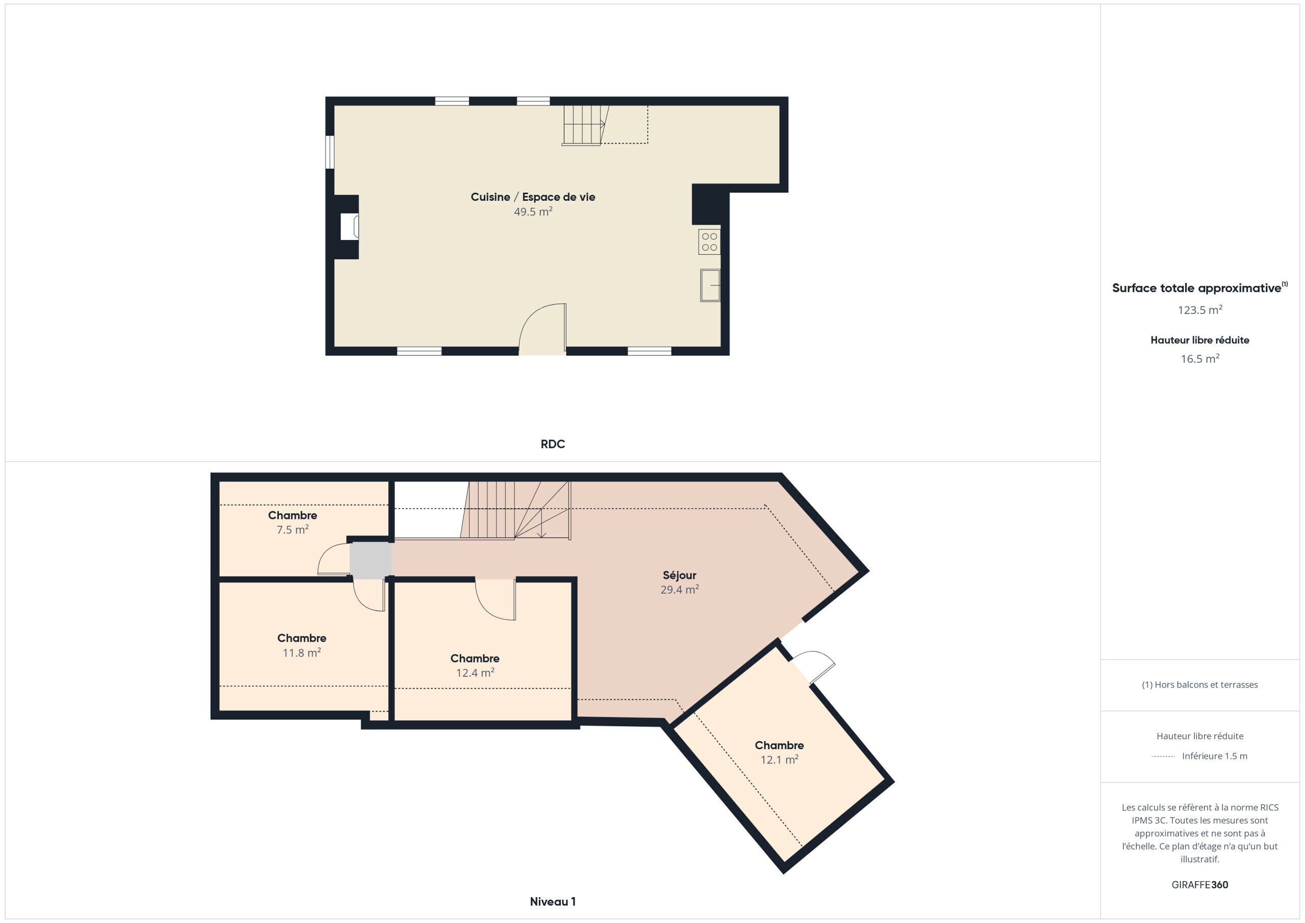 A floor plan of a hotel with a total surface area of 123.5 m², including a living area of 49.5 m² and three bedrooms with areas of 7.5 m², 11.8 m², and 12.4 m² respectively.