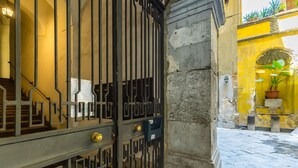 A metal gate with a keyhole and a lock, a stone wall, and a potted plant. - Forino Central by Wonderful Italy (Naples)