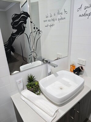 Shower, hair dryer, towels