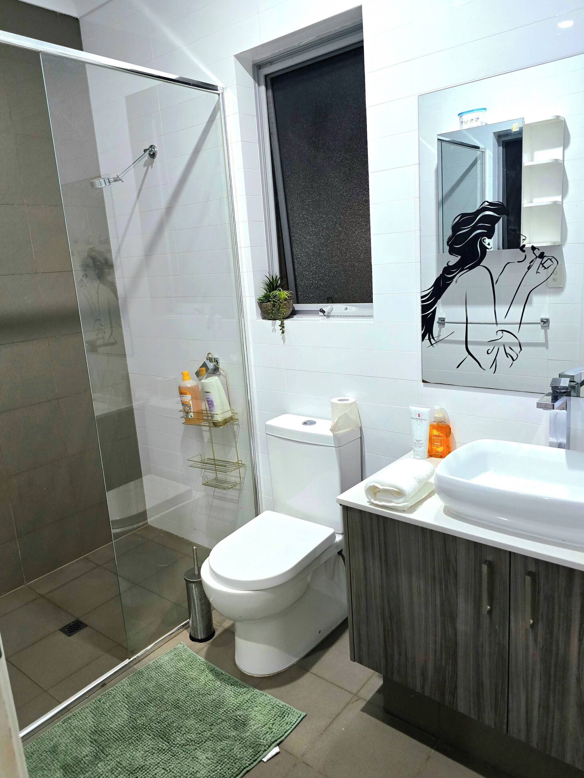 Shower, hair dryer, towels