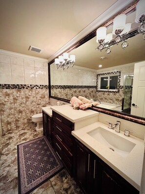 Hair dryer, towels, soap, toilet paper
