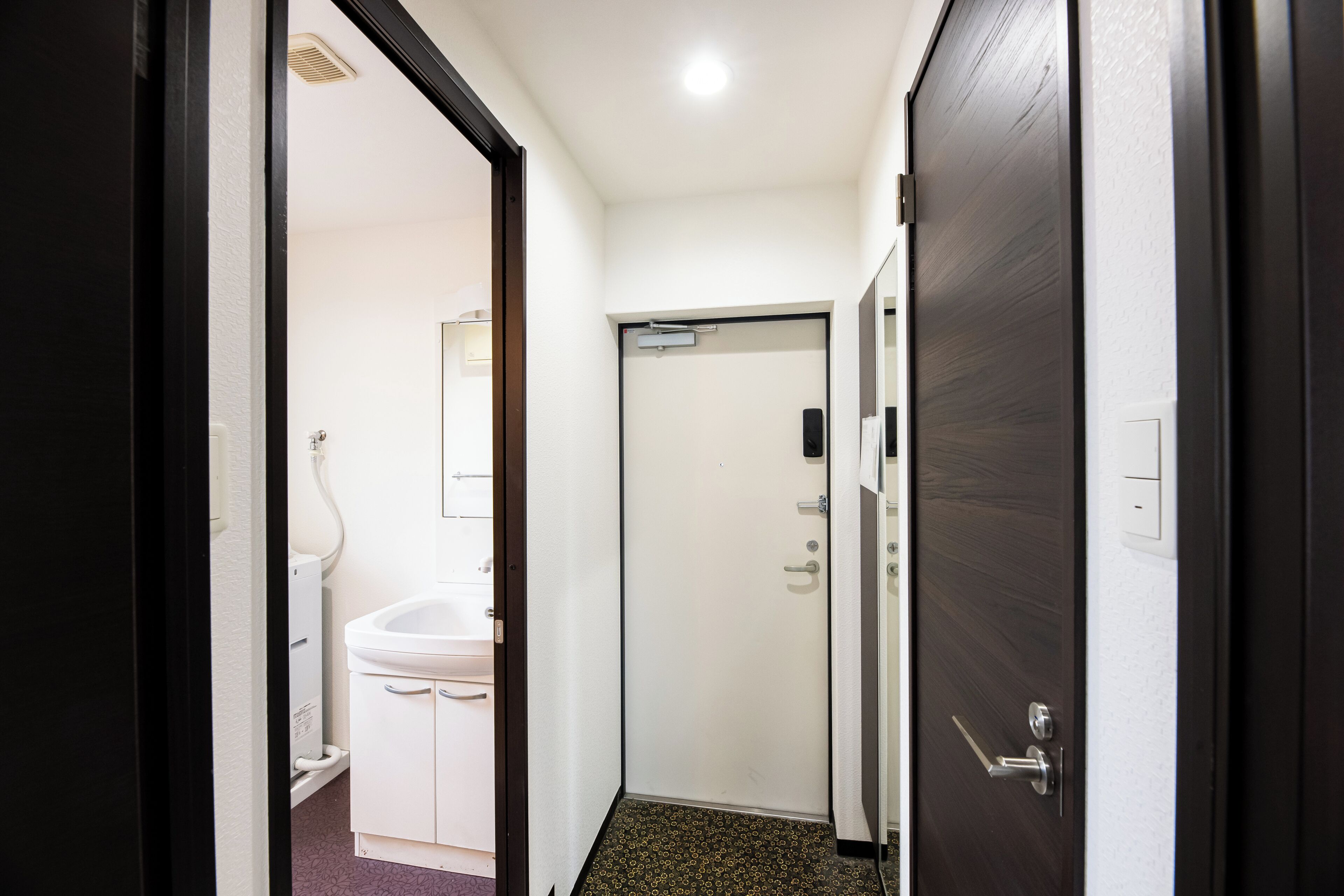 A narrow hallway with a white sink, a door with a handle, and a dark door.