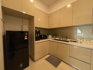 Fridge, microwave, stovetop, high chair