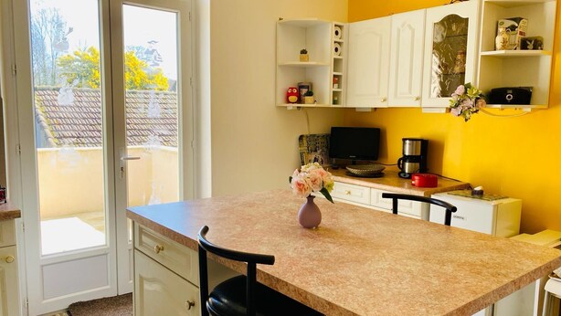 A kitchen with a granite countertop, a vase with flowers, a coffee maker, and a television. - VILLA COSY (fumel)