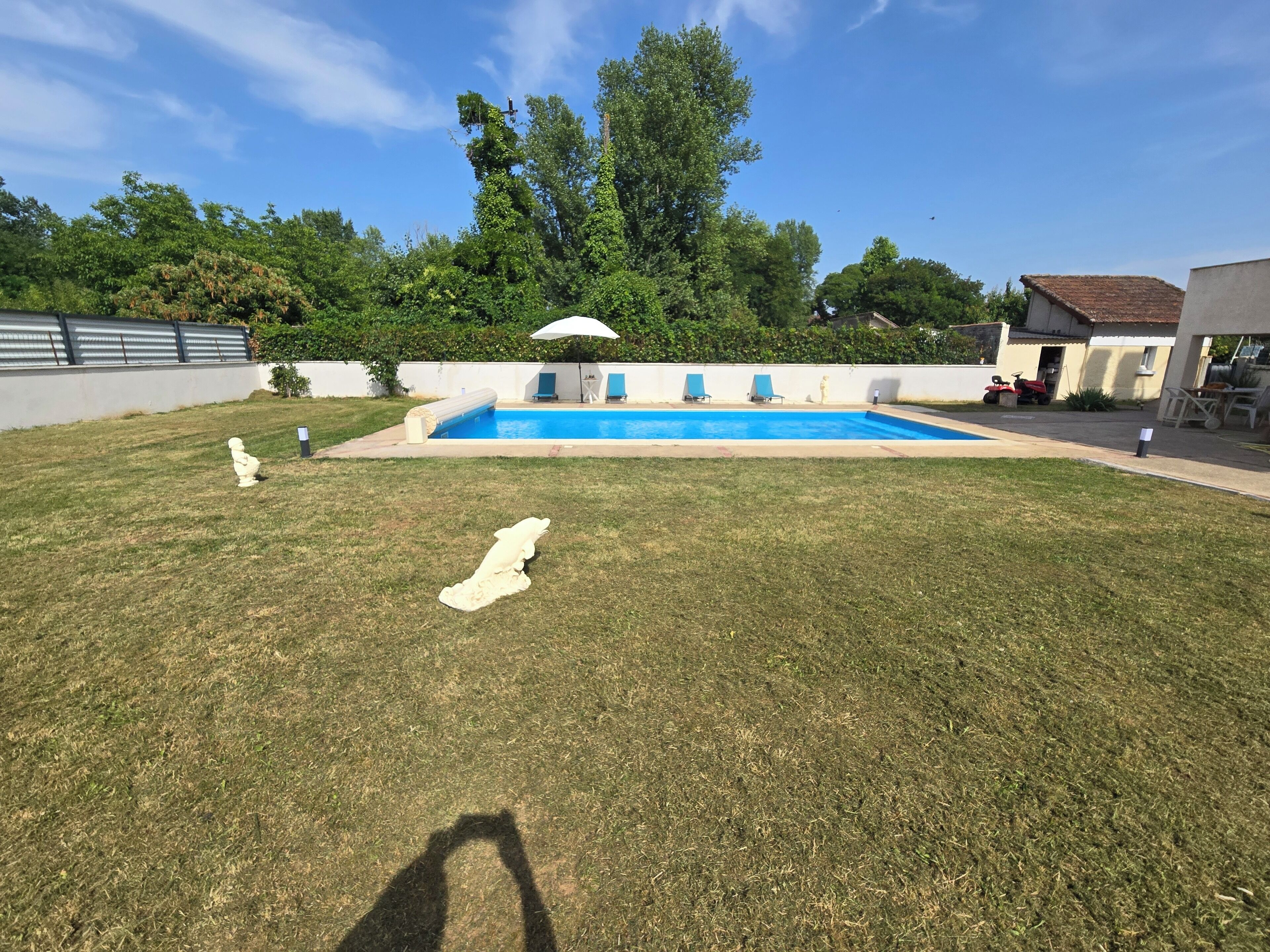 A backyard with a swimming pool, a lawn, and a white fence.