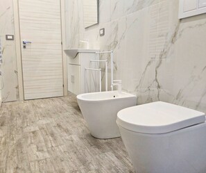 Regadera, secadora de cabello, bidet, toallas